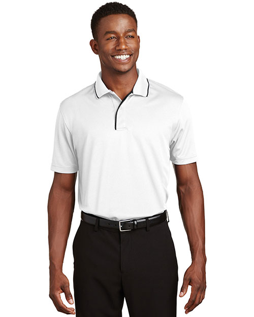 Sport-Tek K467 Men Dri Mesh Sport Shirt With Striped Collar White/Black at bigntallapparel