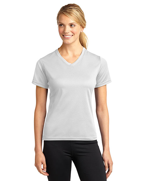 Sport-Tek L468V Women Dri-Mesh Womenv-Neck T-Shirt White at bigntallapparel