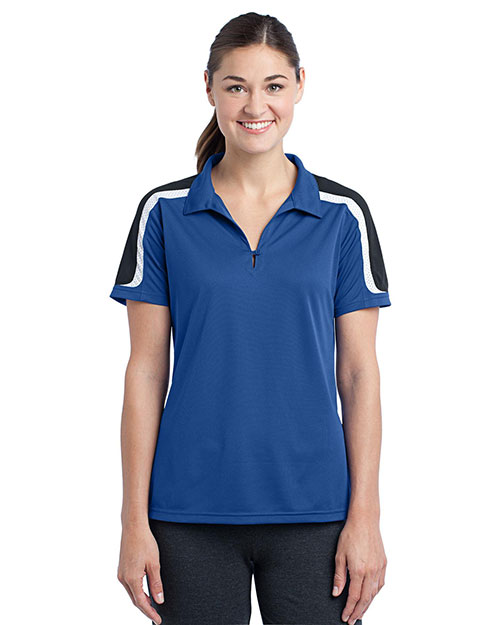 Sport-Tek LST658 Women Tricolor Shoulder Micropique Sport-Wick Polo True Royal/Black/White at bigntallapparel