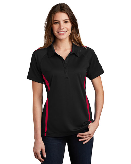 Sport-Tek LST685 Women Posicharge Micromesh Colorblock Polo Black/Tr Red at bigntallapparel