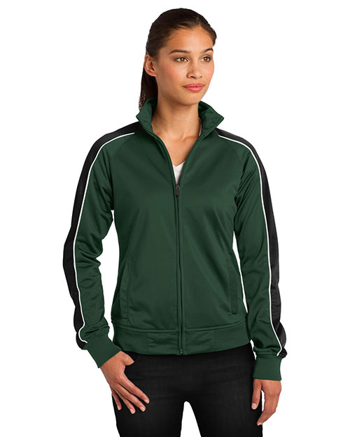 Sport-Tek LST92 Women Piped Tricot Track Jacket For Grn/Blk/Wh at bigntallapparel