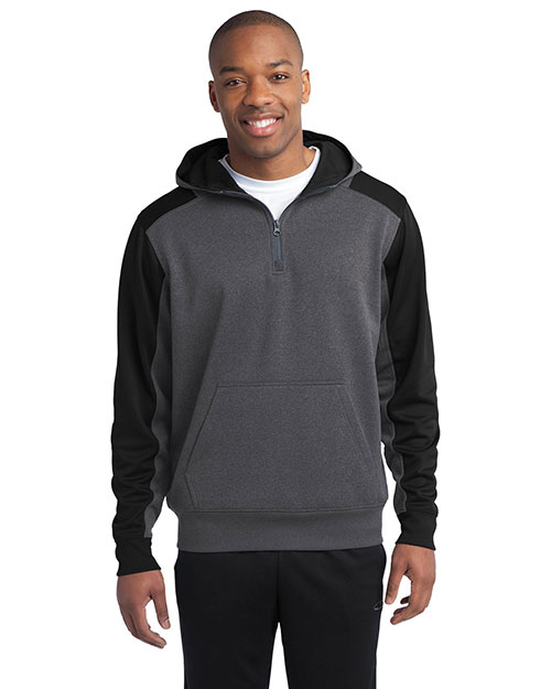 Sport-Tek ST249 Men Colorblock Tech Fleece 1/4zip Hooded Sweatshirt Grph Hea/Black at bigntallapparel