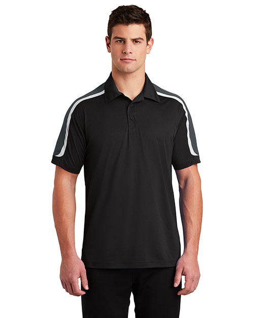 Sport-Tek ST658 Men Tricolor Shoulder Micropique Sport-Wick Polo Black/Iron Grey/White at bigntallapparel
