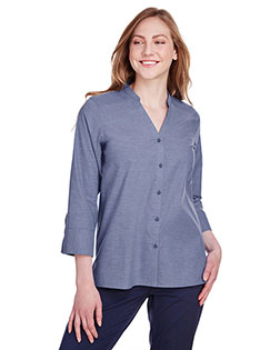 Devon & Jones DG562W Ladies' Crown Collection® Stretch Pinpoint Chambray Three-Quarter Sleeve Blouse at BigNTallApparel