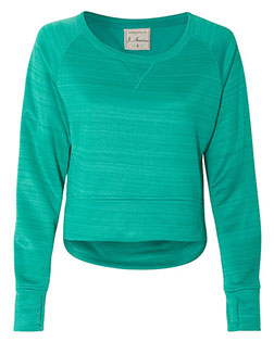 J America 8663 Women's Odyssey Striped Performance Fleece Hi-Low Crewneck Sweatshirt at BigNTallApparel