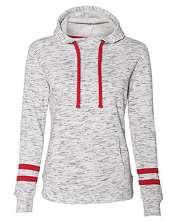 J America 8674  Women’s Mélange Fleece Striped-Sleeve Hooded Sweatshirt